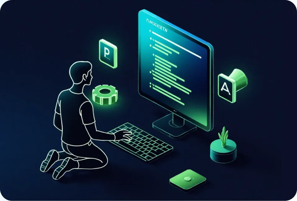 Illustration of a Shopify developer writing code