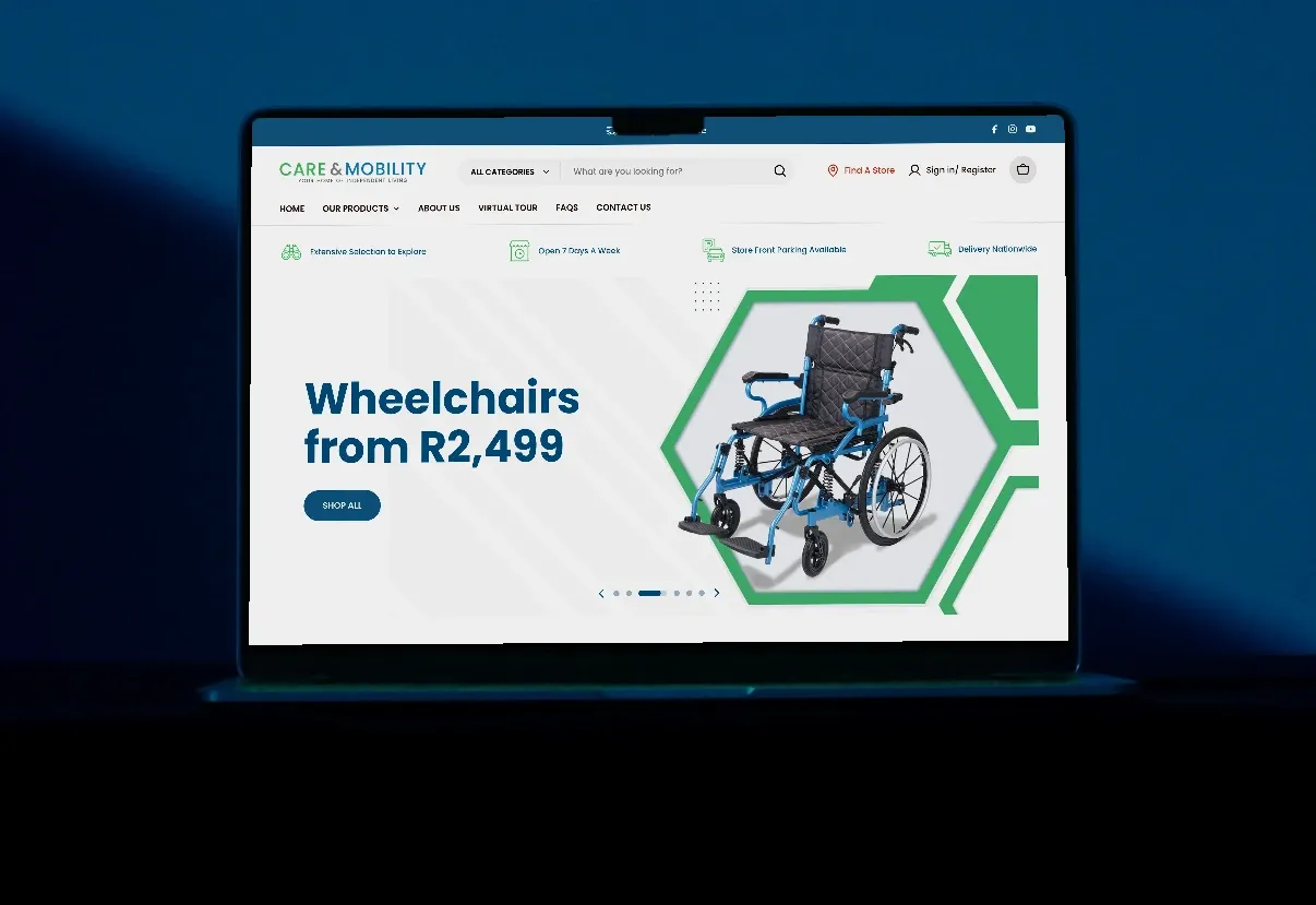 Care & Mobility Shopify store shown on a laptop — designed and developed by Shopify Lab