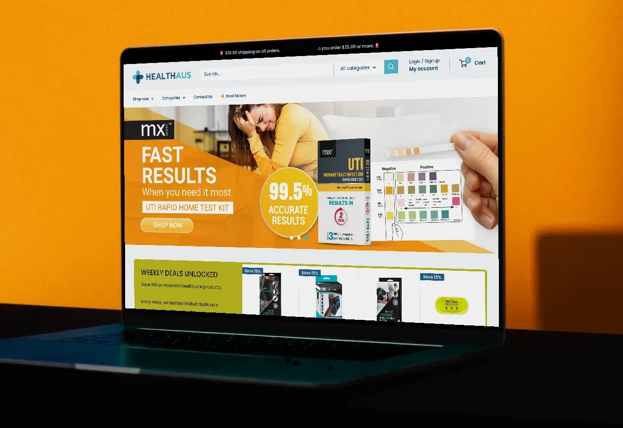 Health Aus Shopify store shown on a laptop — designed and developed by Shopify Lab